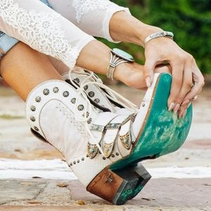 Lane Showdown Leather Booties in Ceramic Crackle Ivory, Beige, & Calm Turquoise